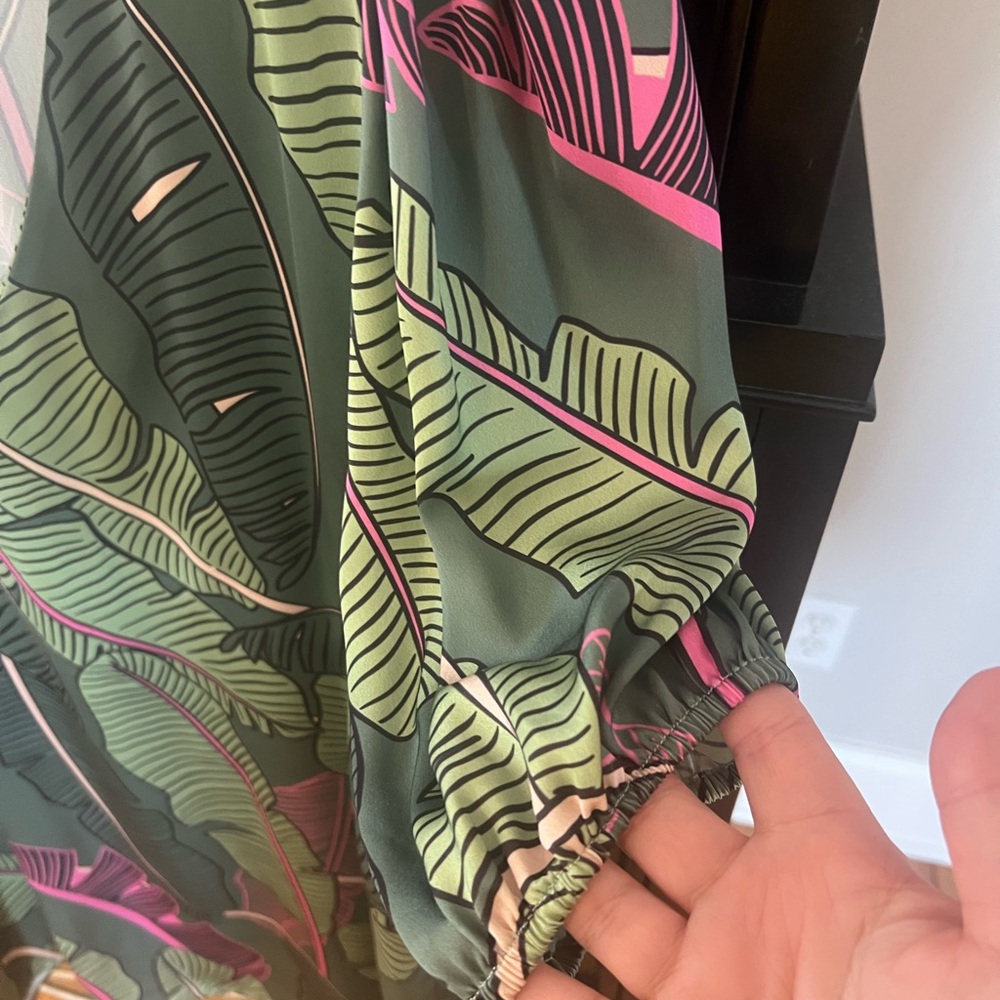 Karlie Olive Green Leaf Print Dress with Pink Accents - Picture 2 of 4